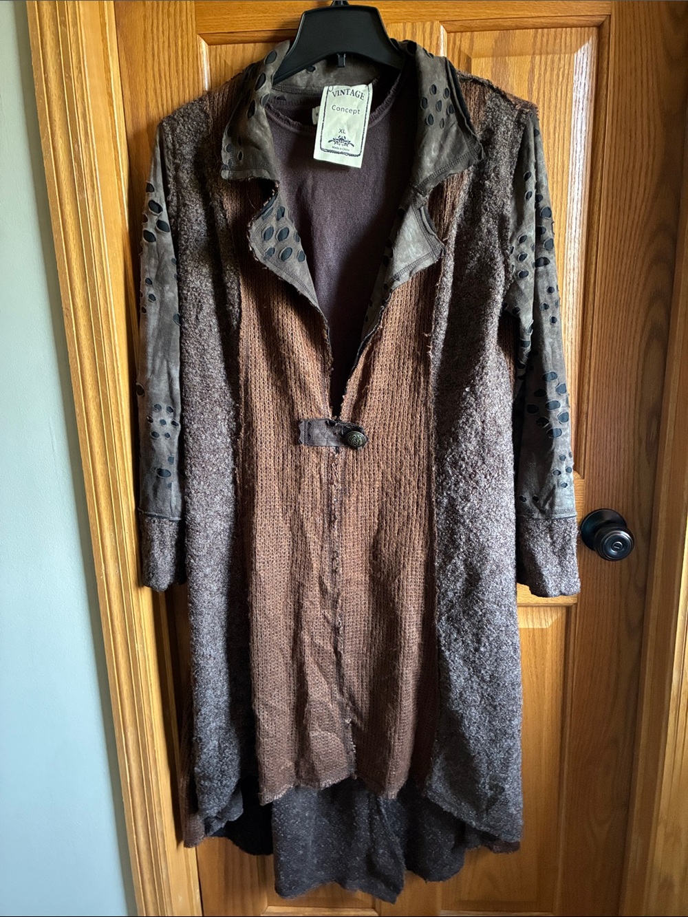 Vintage Concept Brown Mixed-Knit & Suede-Accent Long Cardigan